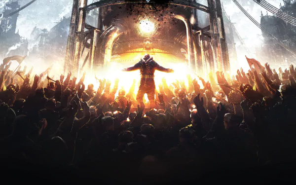 HD wallpaper from Frostpunk showing a leader in front of a crowd with raised hands, set in a snowy, industrial environment.