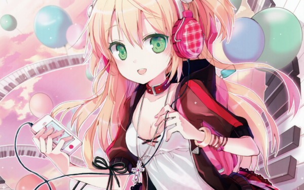 Anime Headphones Long Hair Blonde Smile Necklace Cross Green Eyes Twintails Balloon Bag HD Wallpaper | Background Image