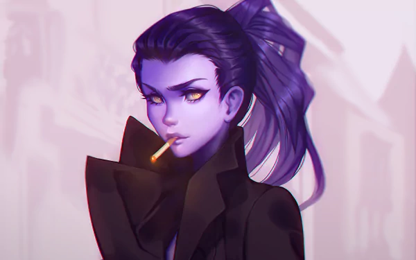 HD desktop wallpaper of Widowmaker from Overwatch with purple hair in a ponytail, yellow eyes, wearing a jacket, smoking a cigarette with smoke swirling around.