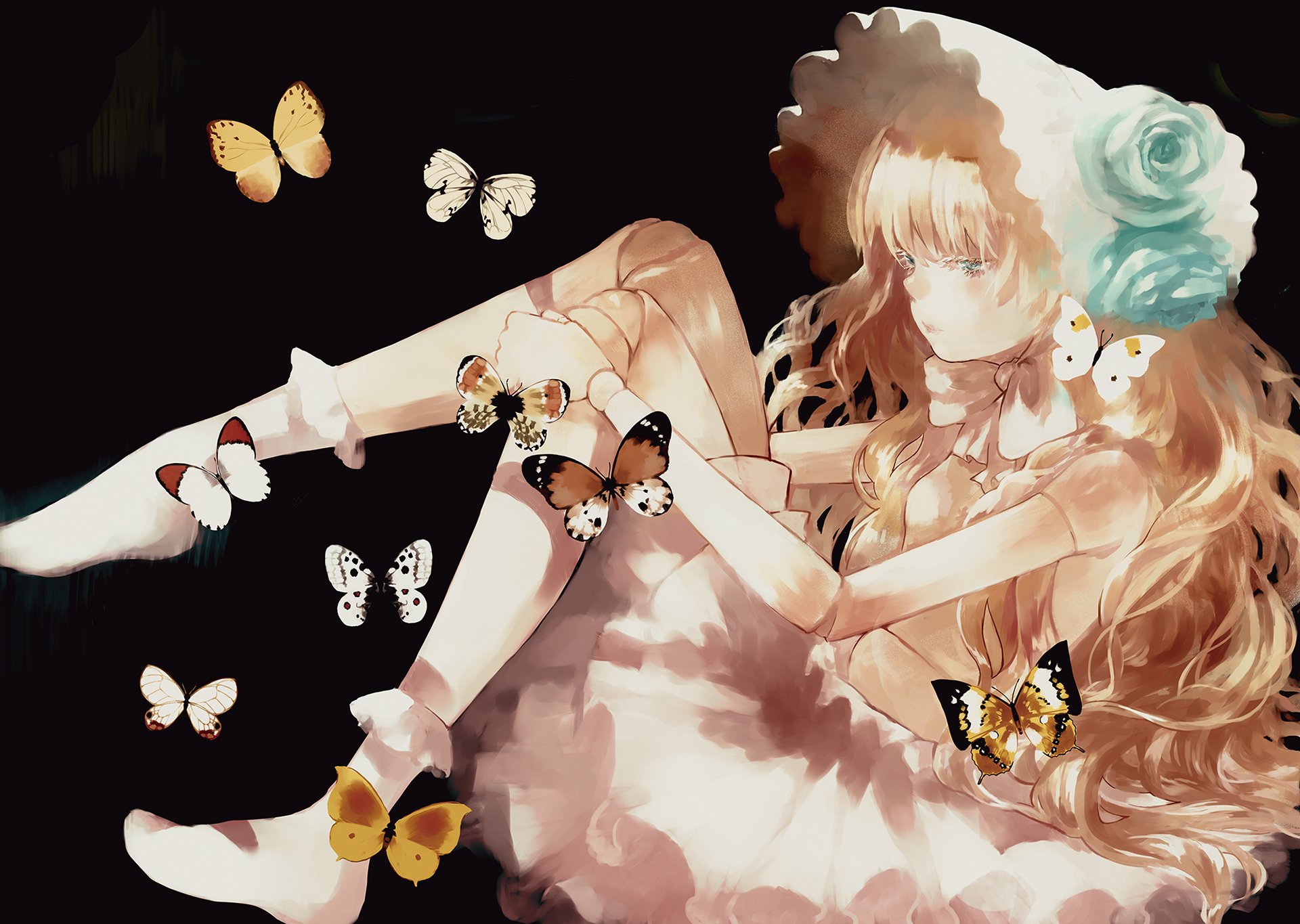 Download Flower Butterfly Bonnet Blue Eyes Blonde Long Hair Anime ...