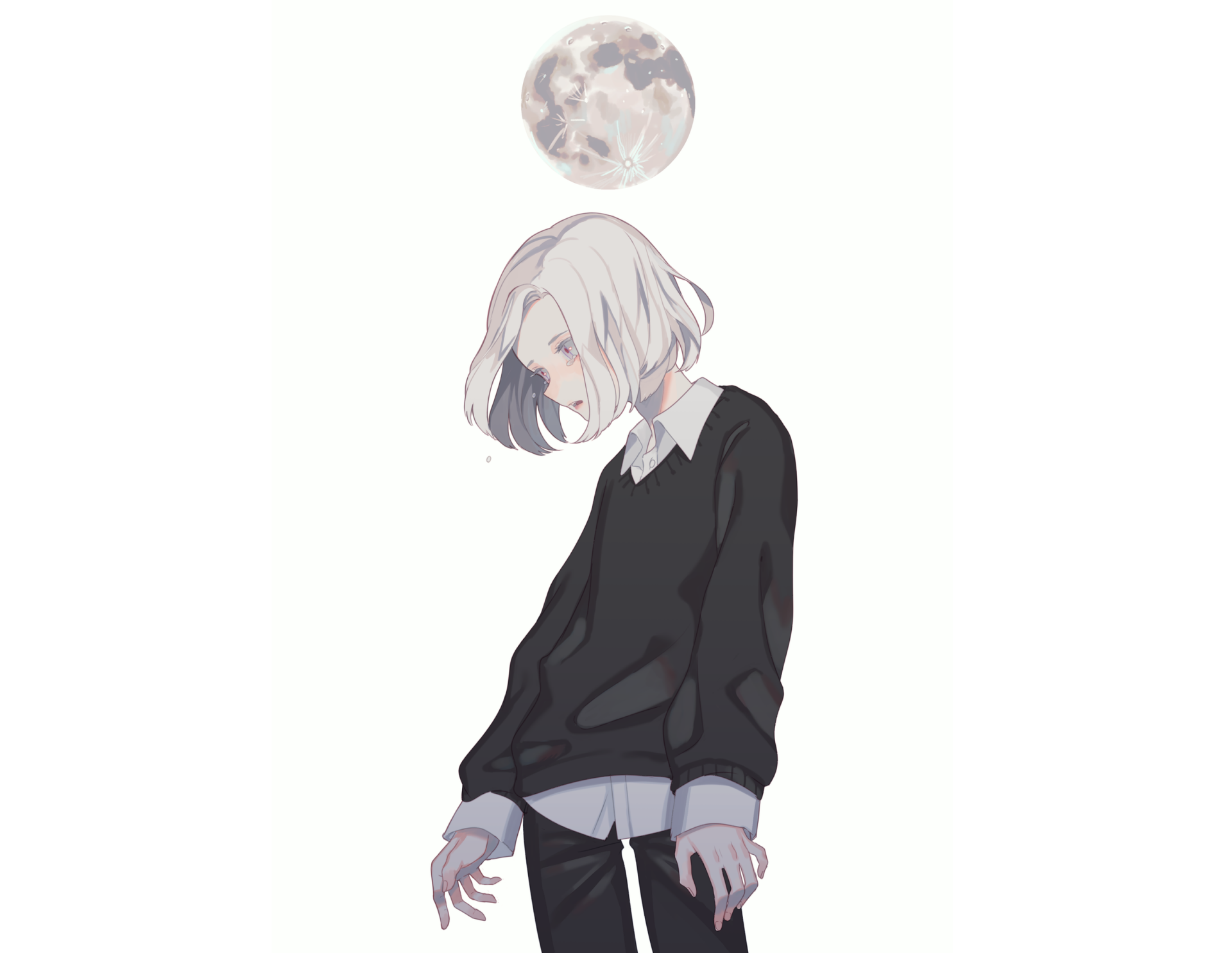 Download Tears White Eyes Moon Blonde Short Hair Anime Original HD Wallpaper by Kirudai