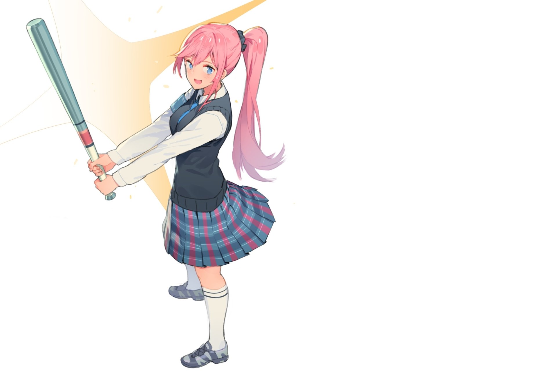 Download Tie Blue Eyes Smile Baseball Bat Ponytail Pink Hair Long Hair Anime Original HD Wallpaper by ddal