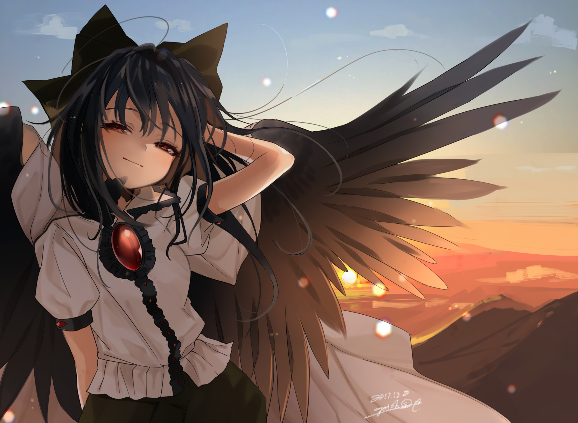 HD anime wallpaper featuring Utsuho Reiuji from Touhou with black wings against a warm sunset sky, creating a serene and magical atmosphere.