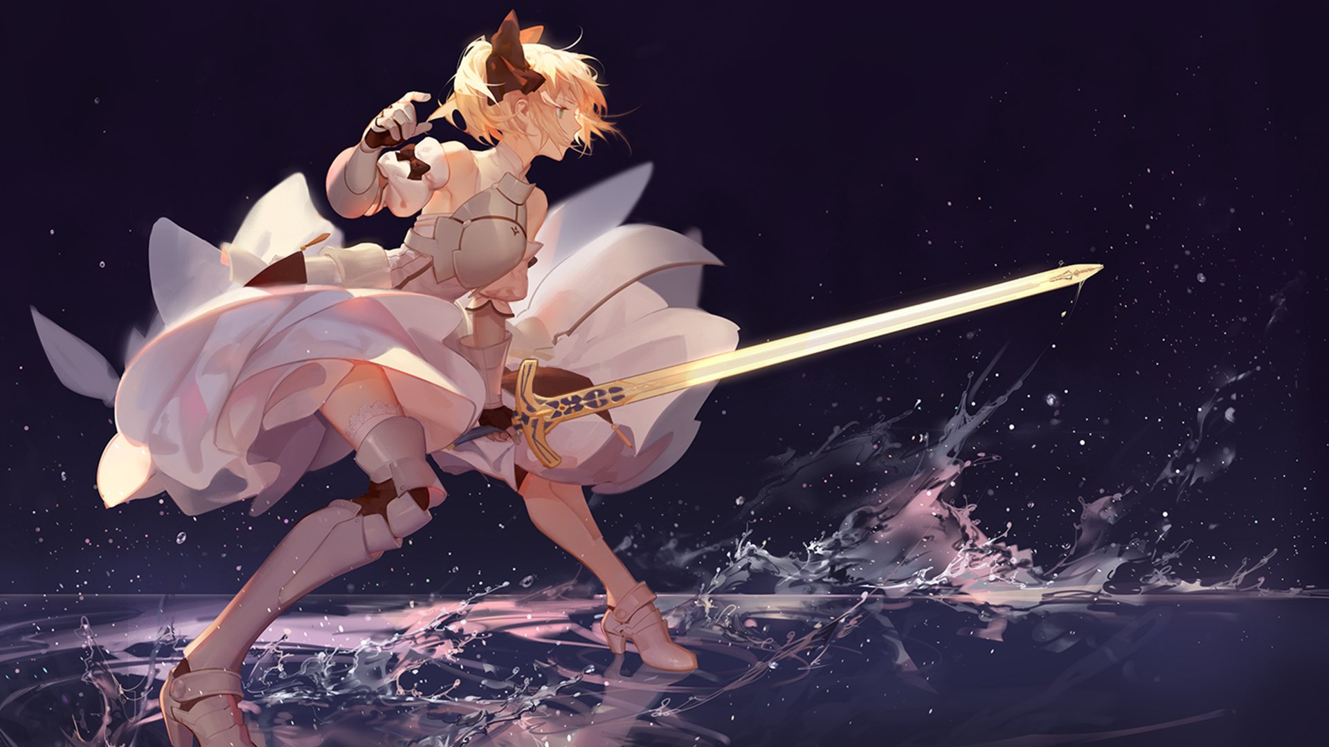 4K Ultra HD desktop wallpaper of Saber from Fate/Grand Order in dynamic anime style, poised with sword above rippling water under a starry sky.