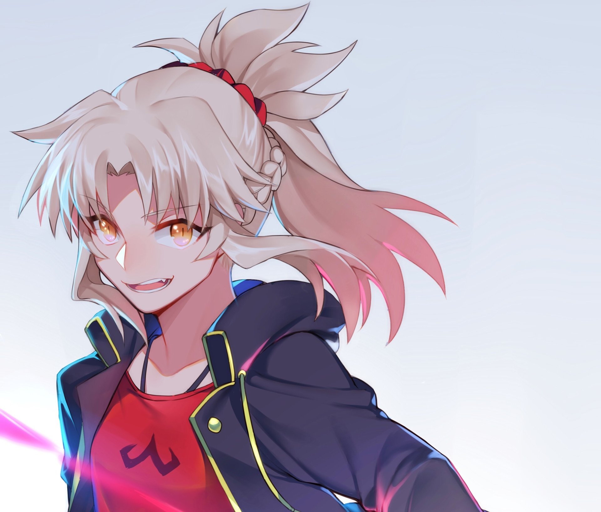 HD anime desktop wallpaper featuring Mordred, Saber of Red from Fate/Apocrypha, with a confident expression and dynamic pose against a light background.