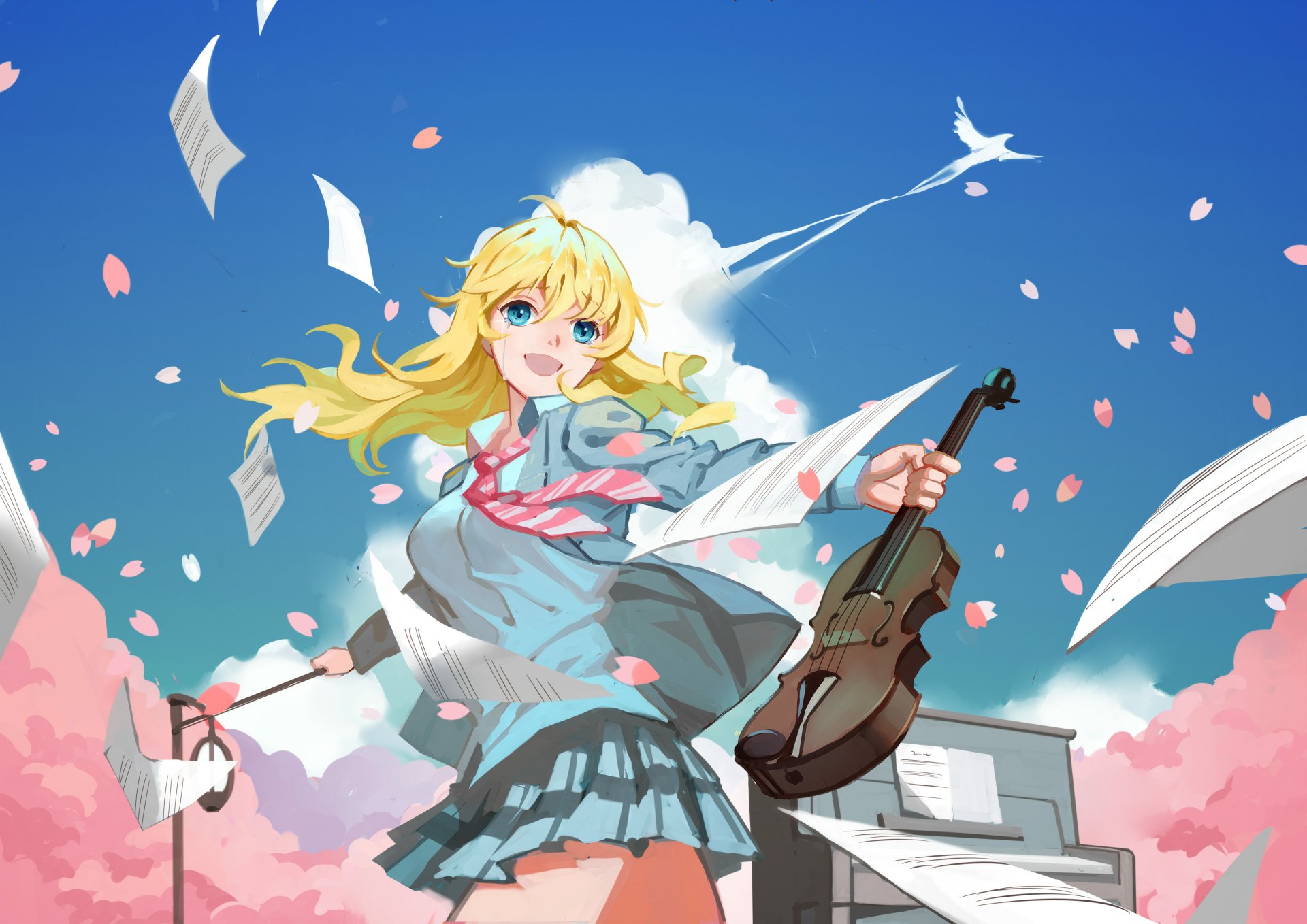 2K Quad HD anime wallpaper of Kaori Miyazono (Your Lie in April) in a skirt, smiling with her violin amid cherry blossoms and scattered sheet music.
