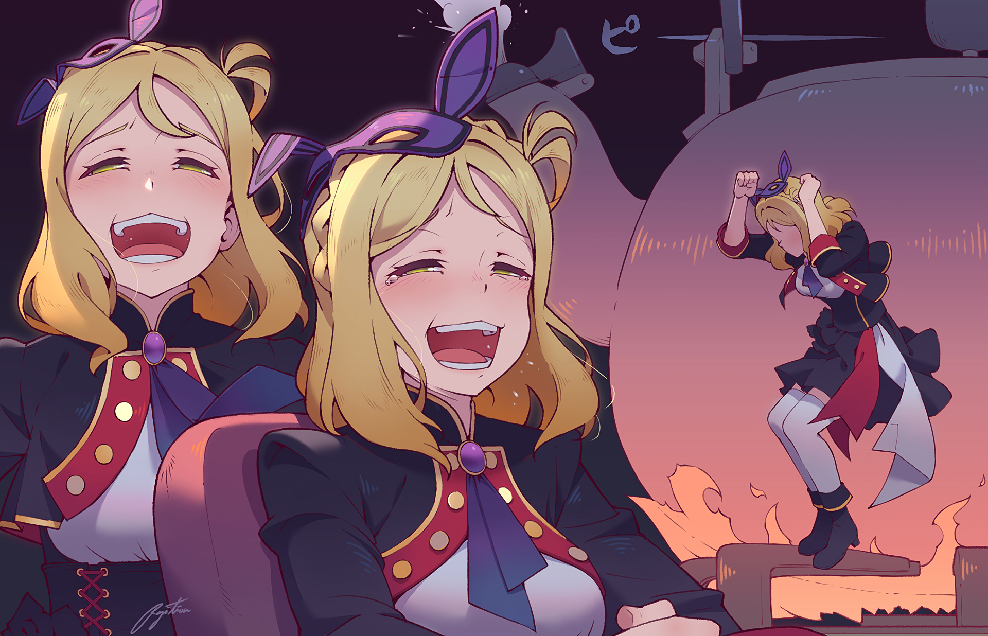 HD PC wallpaper of Mari Ohara (Love Live! Sunshine!!) laughing dramatically in a spooky, theatrical Halloween scene with warm orange glow.