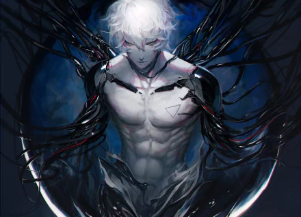Anime-style cyborg with short white hair and striking yellow eyes, set against a dark, high-definition background, designed as a PC desktop wallpaper.