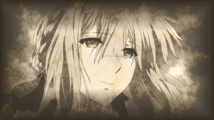 Sepia-toned close-up of Violet Evergarden, anime-style portrait with soft smile and windblown hair — HD PC desktop wallpaper and background.