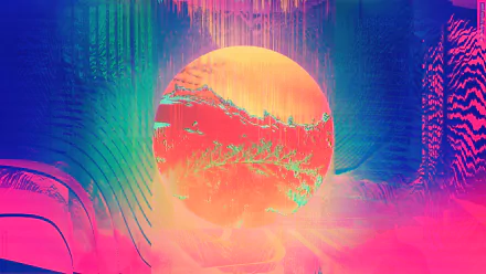 Colorful glitch artwork featuring a vibrant, abstract circle amidst a mix of neon pink, blue, and green hues. This HD desktop wallpaper and background boasts an aesthetic, artistic glitch art style.