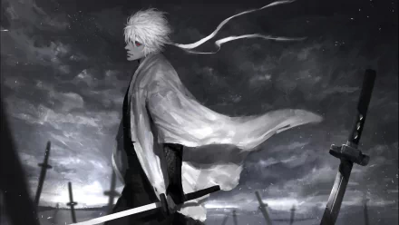 HD anime wallpaper featuring Gintoki Sakata from Gintama standing amidst swords under a stormy sky, with his white hair and flowing cloak creating a dramatic scene.