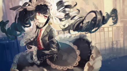 HD wallpaper featuring Celestia Ludenberg from the anime Danganronpa, showcasing her elaborate gothic outfit and flowing black hair adorned with lace and ribbons in a beautifully detailed setting.
