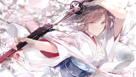 HD desktop wallpaper featuring Shiki Ryougi from Fate/Grand Order holding a katana. The anime artwork is detailed with pastel shades and cherry blossom petals.