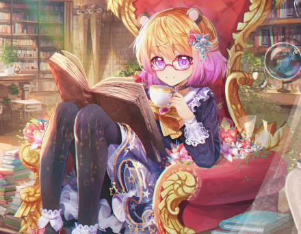 Anime-style HD wallpaper of a smiling girl with pink and blonde short hair, pink eyes, glasses, and a bow, reading a book and holding a teacup amid flowers in a cozy room.