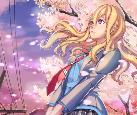 HD desktop wallpaper featuring Kaori Miyazono from the anime Your Lie in April, set against a backdrop of blooming cherry blossoms and a vibrant sky.