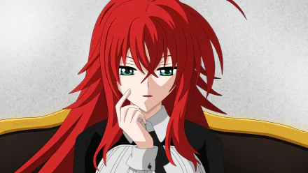 HD desktop wallpaper of Rias Gremory from High School DxD anime, featuring her with striking red hair and green eyes, sitting on a sofa and touching her chin contemplatively.