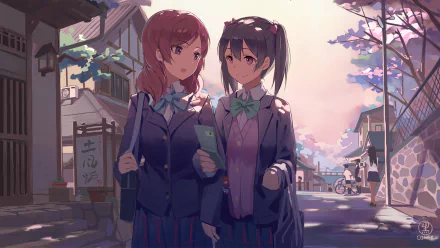 Nico Yazawa and Maki Nishikino from Love Live! walk together on a cherry blossom-lined street, depicted in a 4K Ultra HD anime-style PC desktop wallpaper.