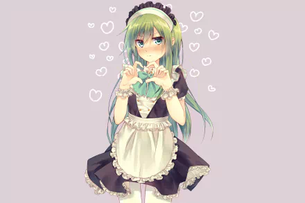 HD anime desktop wallpaper featuring Tsubomi Kido from Kagerou Project in a maid outfit, surrounded by small heart illustrations on a light purple background.