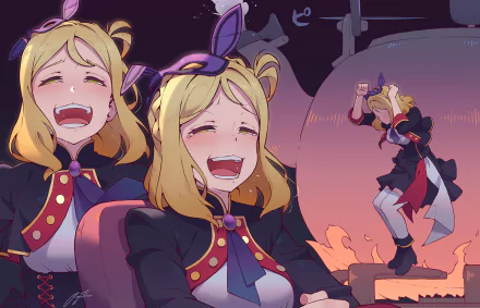 HD PC wallpaper of Mari Ohara (Love Live! Sunshine!!) laughing dramatically in a spooky, theatrical Halloween scene with warm orange glow.