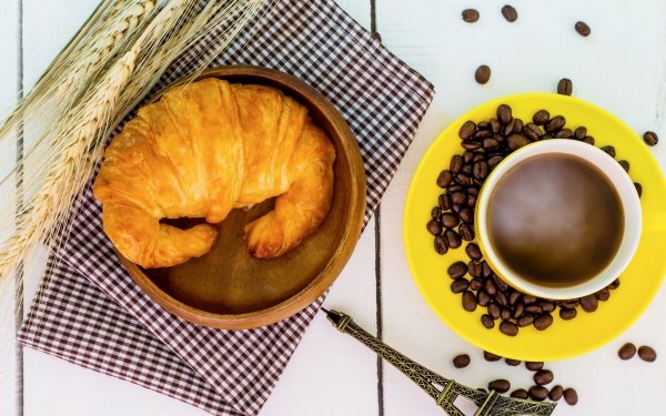 Food Coffee Still Life Cup Coffee Beans Croissant HD Wallpaper | Background Image