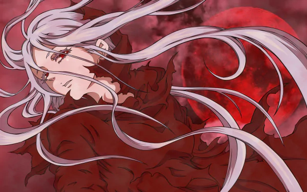 HD anime wallpaper featuring Shiro from Deadman Wonderland with flowing white hair against a red, swirling background.