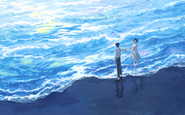 black eyes brown hair short hair couple beach Anime Original anime couple Anime beach HD Desktop Wallpaper | Background Image
