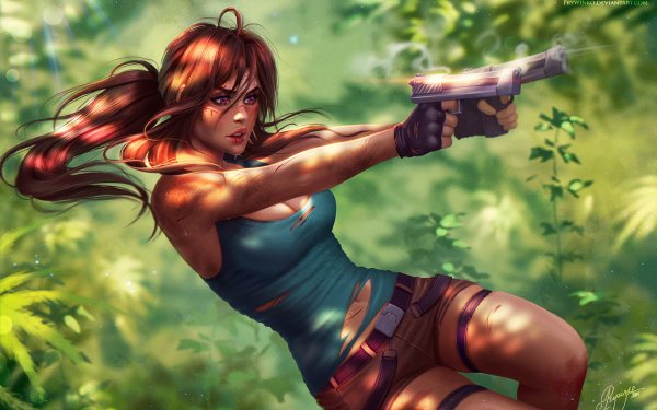 Video Game Tomb Raider Lara Croft Weapon Gun Woman Warrior Shorts Ponytail Long Hair Brown Hair HD Wallpaper | Background Image
