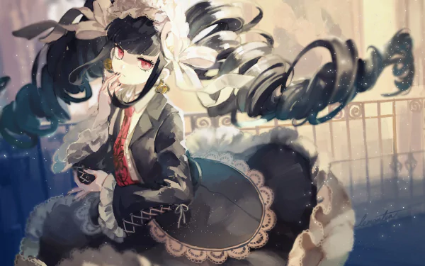 HD wallpaper featuring Celestia Ludenberg from the anime Danganronpa, showcasing her elaborate gothic outfit and flowing black hair adorned with lace and ribbons in a beautifully detailed setting.