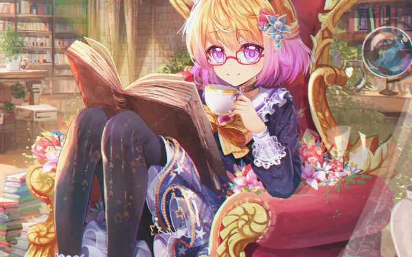 Anime-style HD wallpaper of a smiling girl with pink and blonde short hair, pink eyes, glasses, and a bow, reading a book and holding a teacup amid flowers in a cozy room.