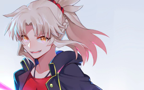 HD anime desktop wallpaper featuring Mordred, Saber of Red from Fate/Apocrypha, with a confident expression and dynamic pose against a light background.