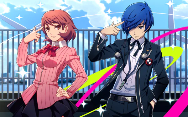 HD PC desktop wallpaper featuring Yukari Takeba and Minato Arisato from the video game Persona 3 with a vibrant, colorful background.