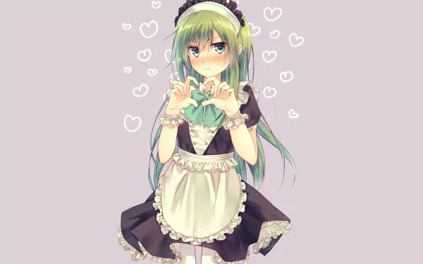 HD anime desktop wallpaper featuring Tsubomi Kido from Kagerou Project in a maid outfit, surrounded by small heart illustrations on a light purple background.