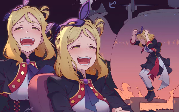 HD PC wallpaper of Mari Ohara (Love Live! Sunshine!!) laughing dramatically in a spooky, theatrical Halloween scene with warm orange glow.