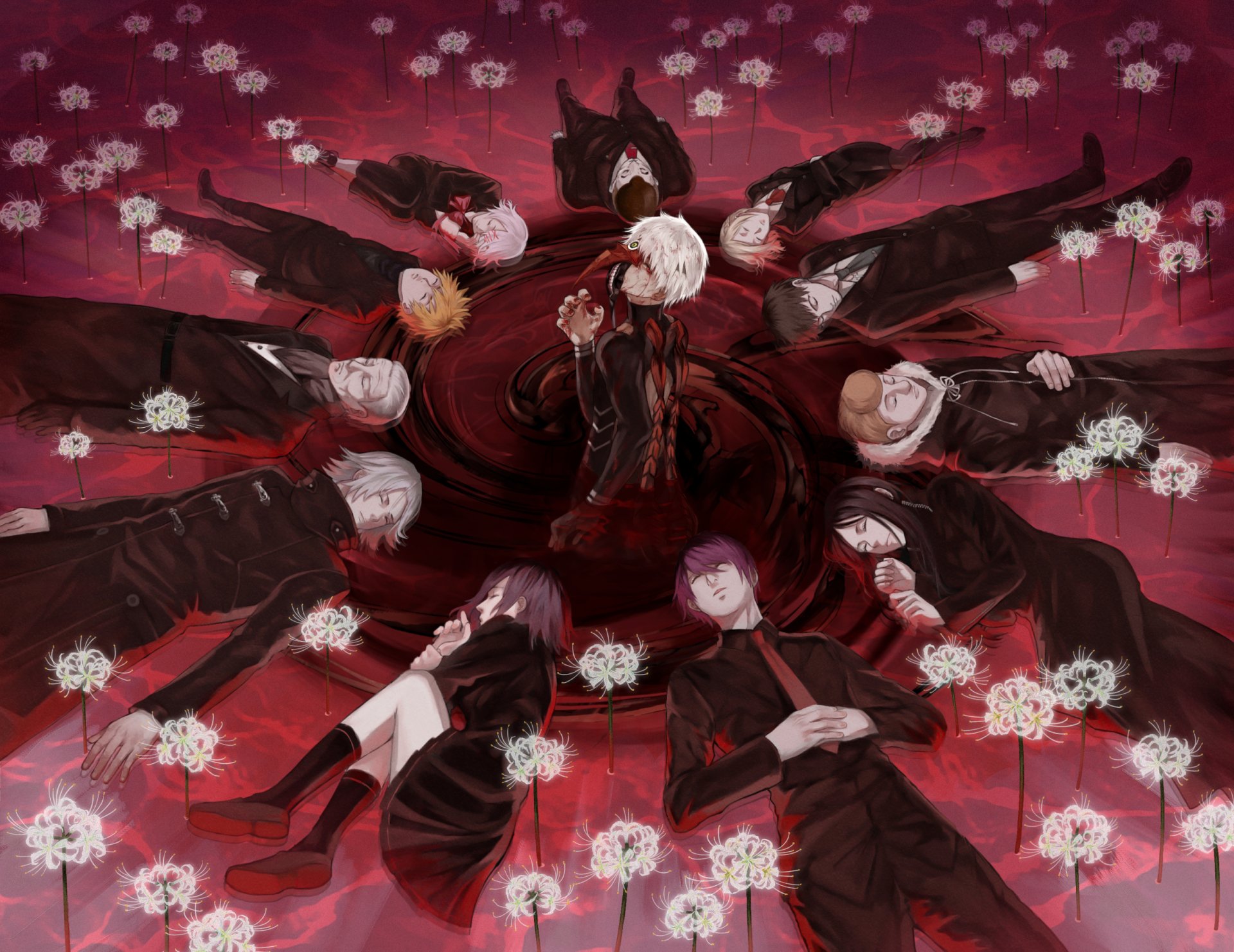 An artistic HD wallpaper featuring characters from Tokyo Ghoul, surrounded by white flowers against a dark, swirling red background, creating a dramatic and intense atmosphere.