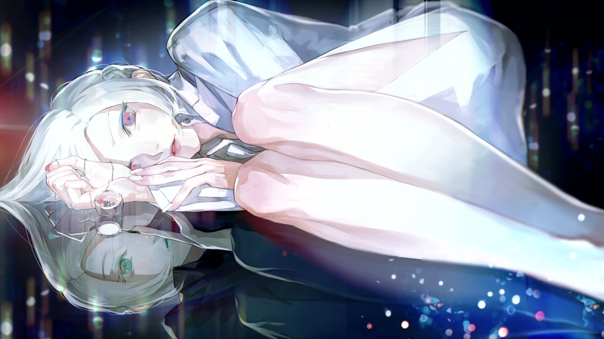 HD anime desktop wallpaper featuring Akira Mado from Tokyo Ghoul, depicted lying down with a reflective surface beneath her in a softly lit, atmospheric scene.