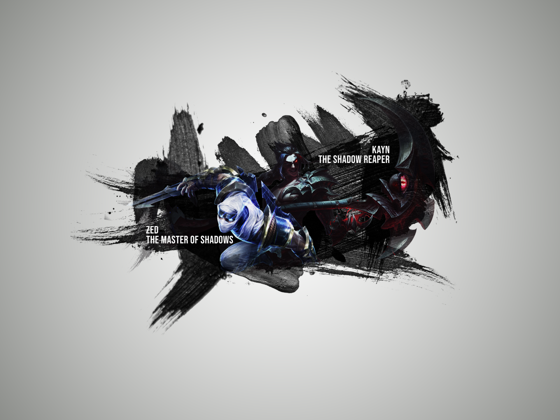HD PC desktop wallpaper featuring Kayn and Zed from League of Legends with dynamic black ink brush effects, highlighting their titles The Shadow Reaper and The Master of Shadows.