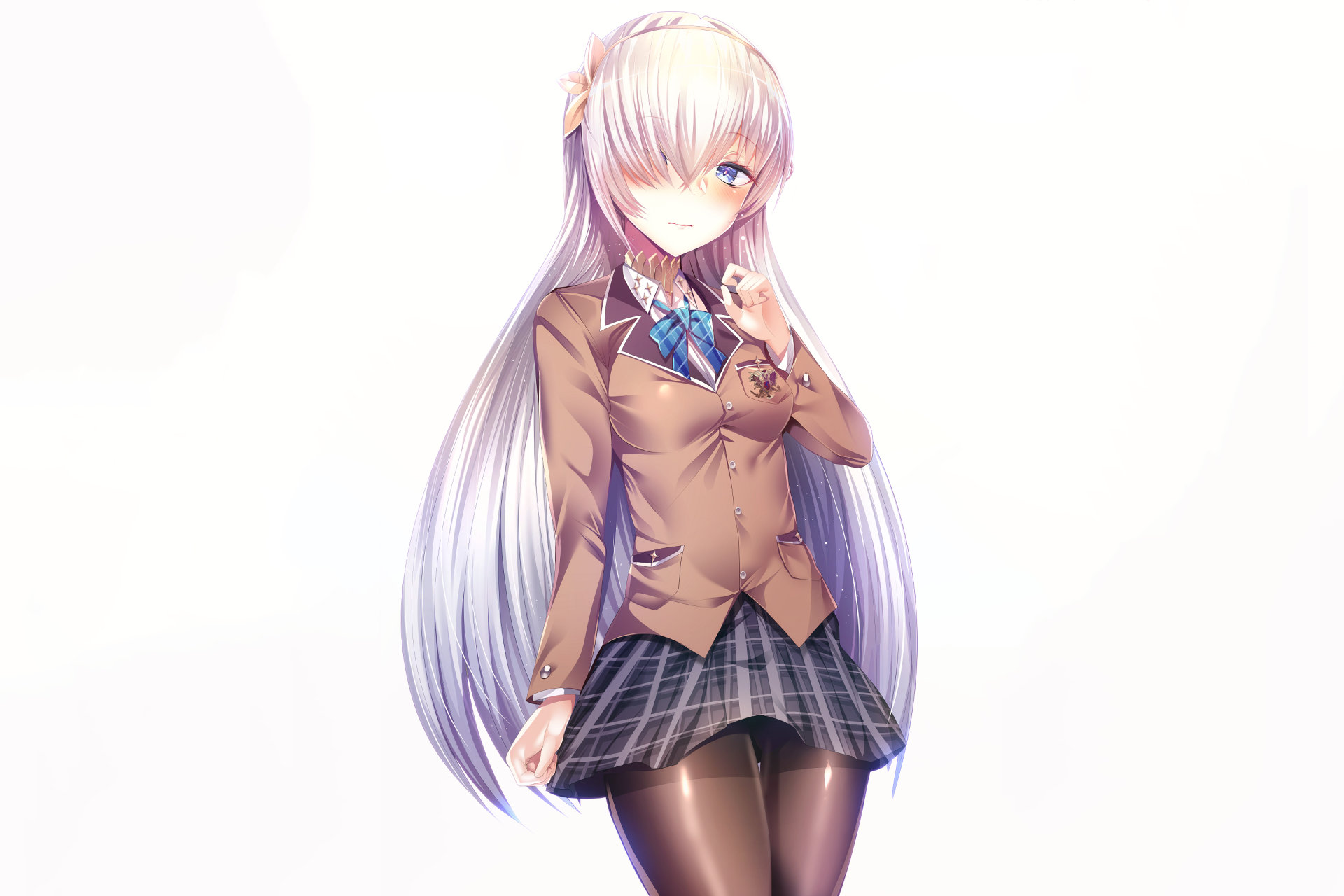 Anastasia (Fate/Grand Order) anime 2K Quad HD PC desktop wallpaper: school-uniform Anastasia with long silver hair, blue ribbon, plaid skirt on pale background.