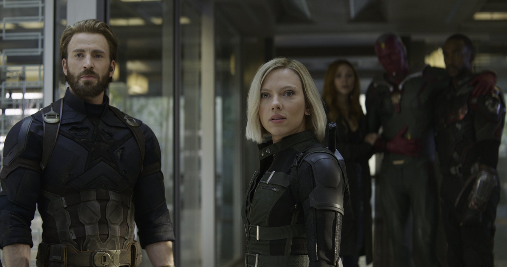 HD desktop wallpaper featuring Chris Evans as Captain America and Scarlett Johansson as Black Widow from Avengers: Infinity War, with Falcon, Vision, Scarlet Witch, and others in the background.