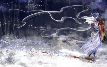 HD anime desktop wallpaper from The Legend of Qin, featuring a flowing-haired character in traditional attire amidst a snowy, mystical forest background.
