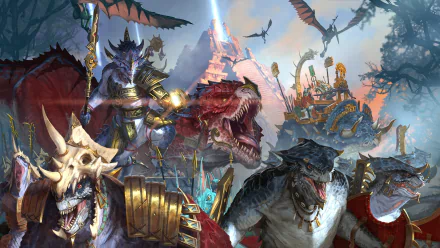 HD desktop wallpaper featuring fierce creatures from the video game Total War: Warhammer II in an intense battle scene with dragons and armored warriors.