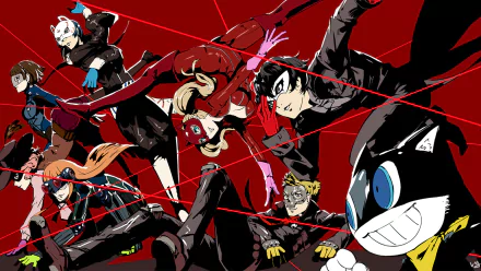 A vibrant HD desktop wallpaper featuring characters Ann Takamaki, Futaba Sakura, Ryuji Sakamoto, Haru Okumura, Makoto Niijima, Morgana, Yusuke Kitagawa, and Akira Kurusu from the video game Persona 5.