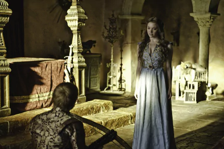 4K Ultra HD Game of Thrones wallpaper featuring Jack Gleeson as Joffrey Baratheon kneeling before Natalie Dormer as Margaery Tyrell in a dimly lit medieval chamber.