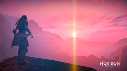 Aloy from Horizon Zero Dawn stands on a cliff at sunset, overlooking a vast landscape in this HD PC desktop wallpaper from the Horizon video game series.