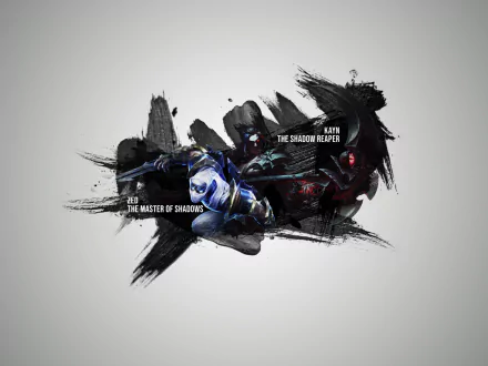 HD PC desktop wallpaper featuring Kayn and Zed from League of Legends with dynamic black ink brush effects, highlighting their titles The Shadow Reaper and The Master of Shadows.