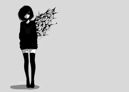 HD desktop wallpaper featuring Touka Kirishima from the anime Tokyo Ghoul. The minimalist design showcases her with a dark and mysterious aura against a plain background.