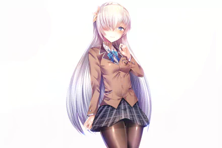 Anastasia (Fate/Grand Order) anime 2K Quad HD PC desktop wallpaper: school-uniform Anastasia with long silver hair, blue ribbon, plaid skirt on pale background.