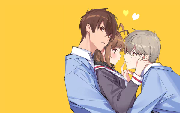 HD PC desktop wallpaper of Cardcaptor Sakura: Sakura Kinomoto flanked by Toya Kinomoto and Yukito Tsukishiro against a bright yellow background.