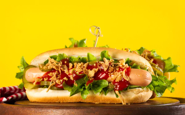 A vibrant 4K Ultra HD desktop wallpaper featuring a hot dog with sausage, fresh lettuce, ketchup, and crispy onions against a bright yellow background.