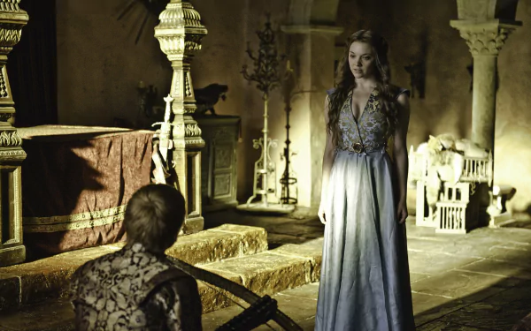 4K Ultra HD Game of Thrones wallpaper featuring Jack Gleeson as Joffrey Baratheon kneeling before Natalie Dormer as Margaery Tyrell in a dimly lit medieval chamber.