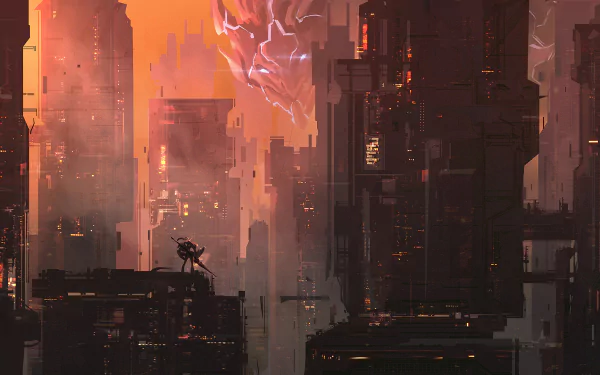 HD desktop wallpaper and background featuring a dramatic cityscape with a silhouette of a robot from Darling in the FranXX against a fiery sky and glowing structures.